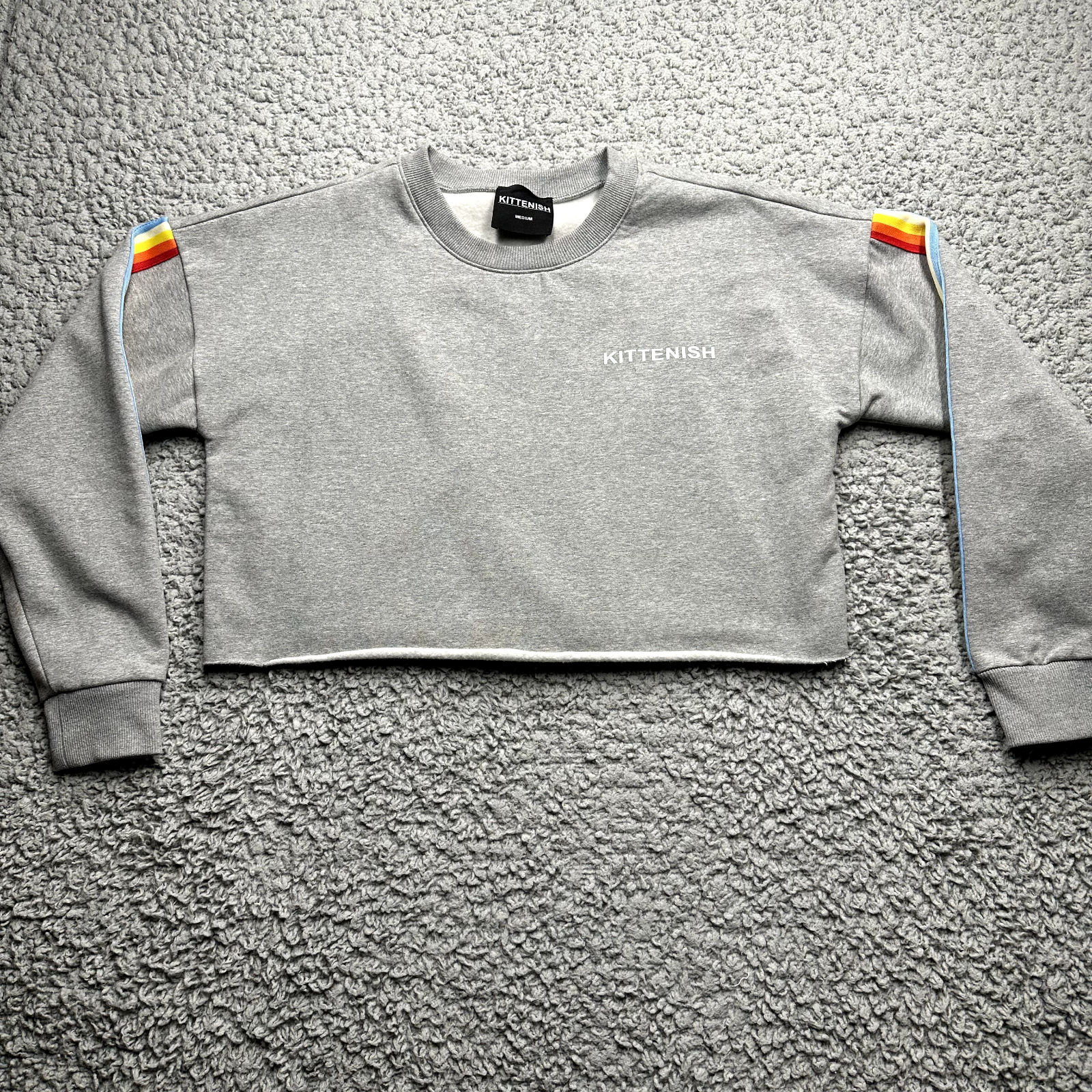 Kittinish Cropped Sweater Womens M Oversized Gray Striped Long Sleeve Sweatshirt